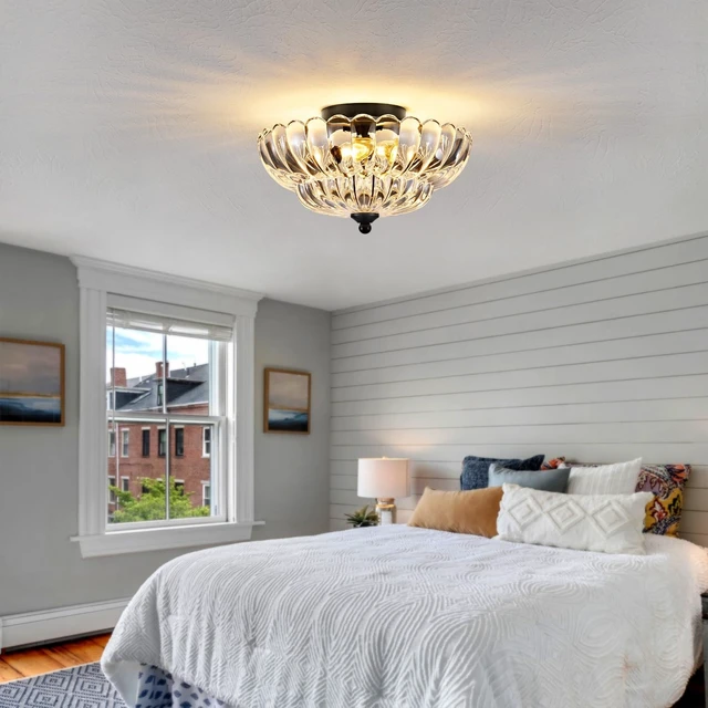 Alt view image 2 of 7 - Modern Black Ceiling Light Fixture, 12" Clear Glass Flush Mount Chandeliers, Semi Flush Mount Ceiling Light Fixture Suitable for Living Room Hallway Kitchen Bedroom