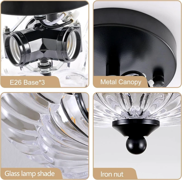 Alt view image 7 of 7 - Modern Black Ceiling Light Fixture, 12" Clear Glass Flush Mount Chandeliers, Semi Flush Mount Ceiling Light Fixture Suitable for Living Room Hallway Kitchen Bedroom