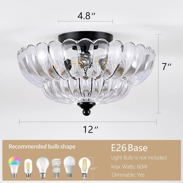 Alt view image 5 of 7 - Modern Black Ceiling Light Fixture, 12" Clear Glass Flush Mount Chandeliers, Semi Flush Mount Ceiling Light Fixture Suitable for Living Room Hallway Kitchen Bedroom