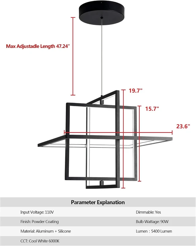 Alt view image 4 of 7 - Modern Black LED Square Hanging Pendant Chandelier,90W