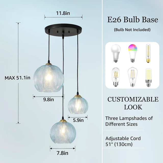 Alt view image 3 of 7 - 3-Light Blue Glass Pendant Lights Coastal Chandelier for Kitchen Island