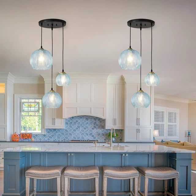 Alt view image 2 of 7 - 3-Light Blue Glass Pendant Lights Coastal Chandelier for Kitchen Island