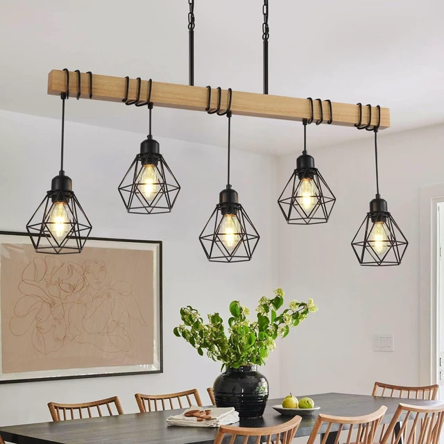 Main image of LmnLvn 5-Light Black Dining Room Light Fixture, Rustic Wood & Metal Cage
