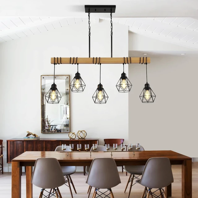 Alt view image 2 of 7 - LmnLvn 5-Light Black Dining Room Light Fixture, Rustic Wood & Metal Cage