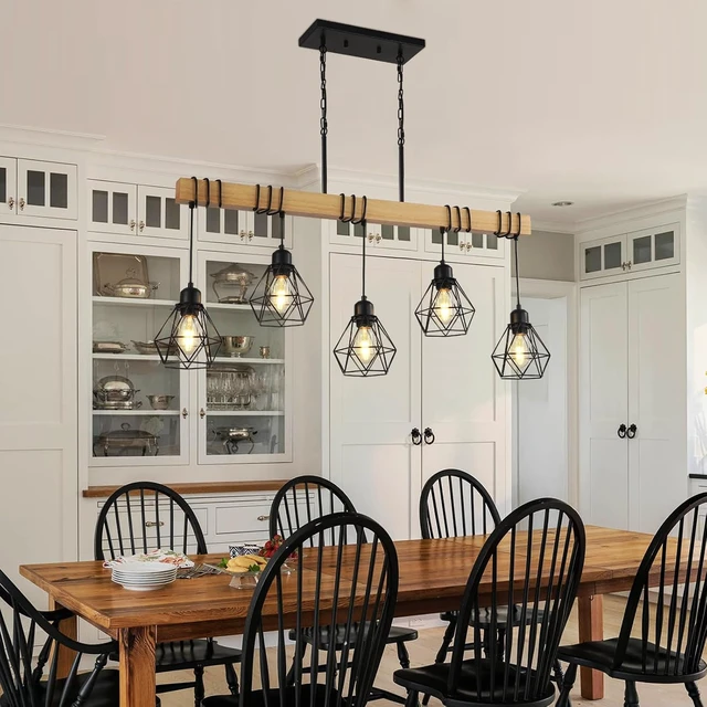 Alt view image 3 of 7 - LmnLvn 5-Light Black Dining Room Light Fixture, Rustic Wood & Metal Cage