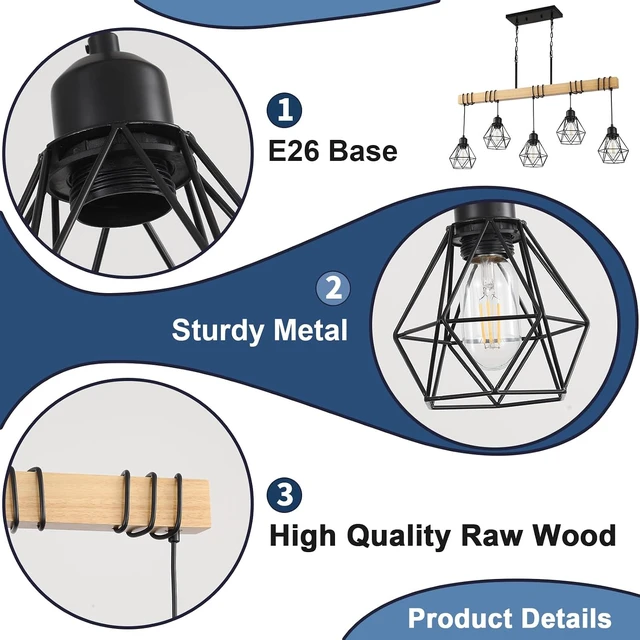 Alt view image 7 of 7 - LmnLvn 5-Light Black Dining Room Light Fixture, Rustic Wood & Metal Cage