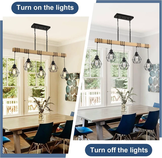 Alt view image 6 of 7 - LmnLvn 5-Light Black Dining Room Light Fixture, Rustic Wood & Metal Cage