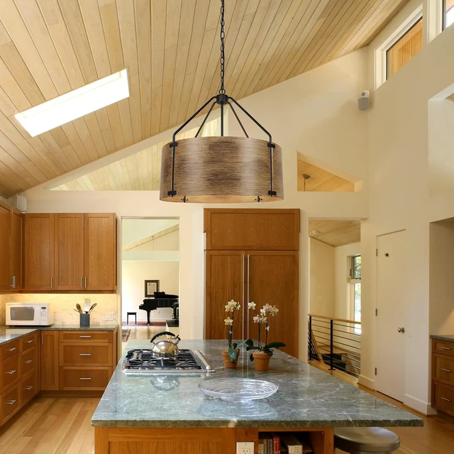 Alt view image 3 of 7 - CNRATYE 6-Light Farmhouse Dining Room Light Fixtures Over Table, Vintage Industrial Large Drum Chandelier, Rustic Round Coastal Chandelier for Entryway Kitchen Island, Antique Woodgrain Finishe