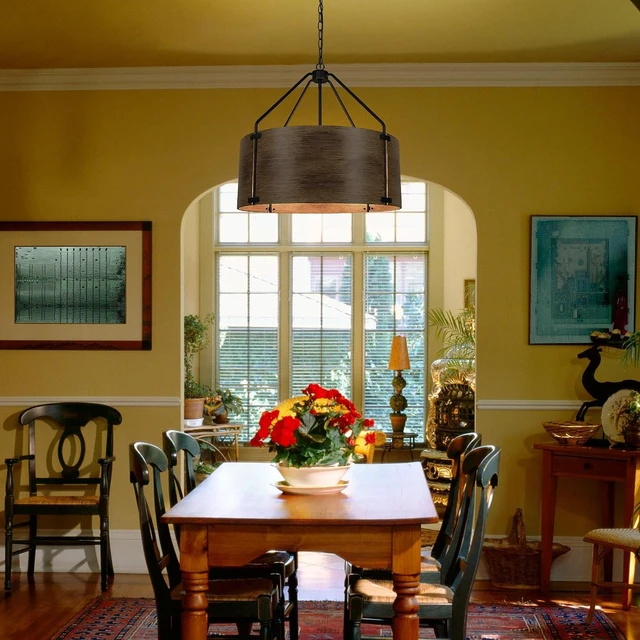 Alt view image 2 of 7 - CNRATYE 6-Light Farmhouse Dining Room Light Fixtures Over Table, Vintage Industrial Large Drum Chandelier, Rustic Round Coastal Chandelier for Entryway Kitchen Island, Antique Woodgrain Finishe