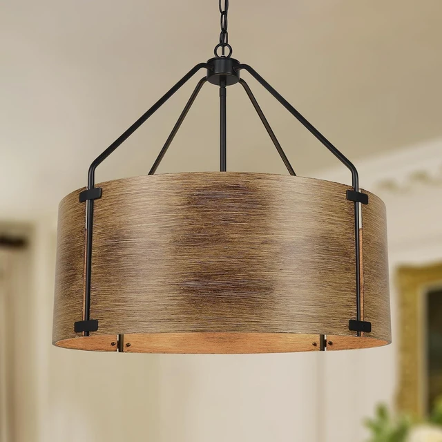 Main image of CNRATYE 6-Light Farmhouse Dining Room Light Fixtures Over Table, Vintage Industrial Large Drum Chandelier, Rustic Round Coastal Chandelier for Entryway Kitchen Island, Antique Woodgrain Finishe