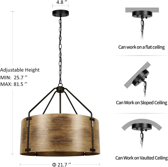 Alt view image 6 of 7 - CNRATYE 6-Light Farmhouse Dining Room Light Fixtures Over Table, Vintage Industrial Large Drum Chandelier, Rustic Round Coastal Chandelier for Entryway Kitchen Island, Antique Woodgrain Finishe