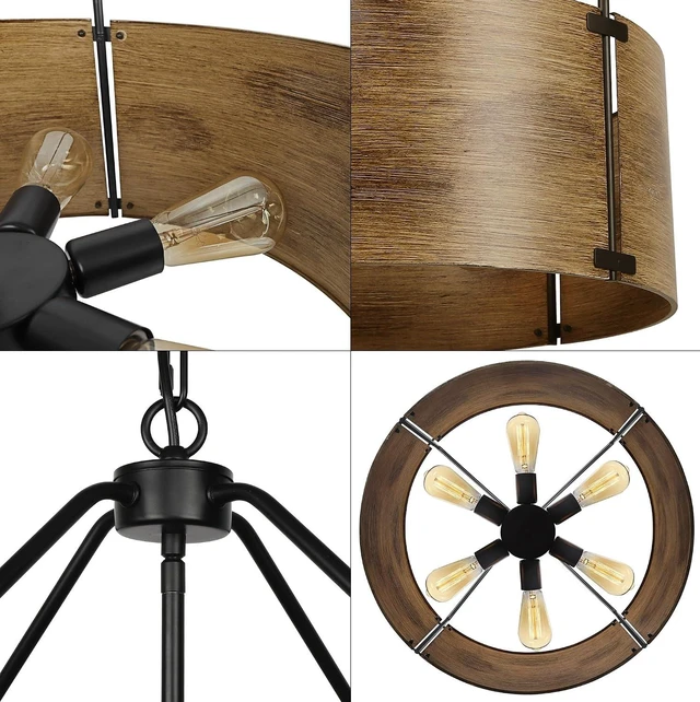 Alt view image 7 of 7 - CNRATYE 6-Light Farmhouse Dining Room Light Fixtures Over Table, Vintage Industrial Large Drum Chandelier, Rustic Round Coastal Chandelier for Entryway Kitchen Island, Antique Woodgrain Finishe