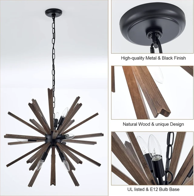 Alt view image 4 of 7 - 9-Light Sputnik Pendant Light Black, Farmhouse Wood Chandelier for Dining Room Industrial Hanging Light Fixture Ceiling for Bedroom Entryway Kitchen Foyer Living Room