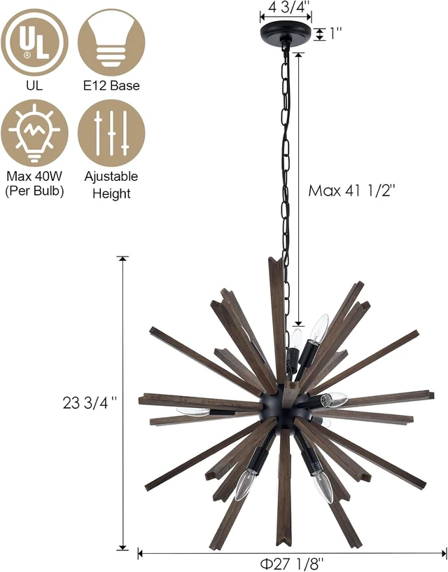 Alt view image 5 of 7 - 9-Light Sputnik Pendant Light Black, Farmhouse Wood Chandelier for Dining Room Industrial Hanging Light Fixture Ceiling for Bedroom Entryway Kitchen Foyer Living Room