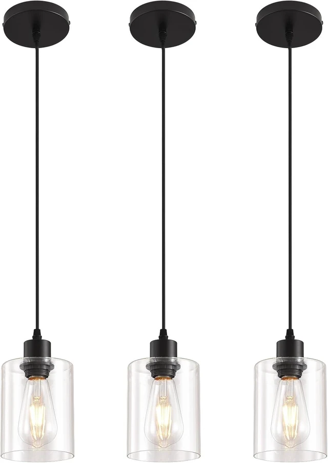 Main image of 3 Pack Glass Pendant Lights, Black Kitchen Island Hanging Lamp