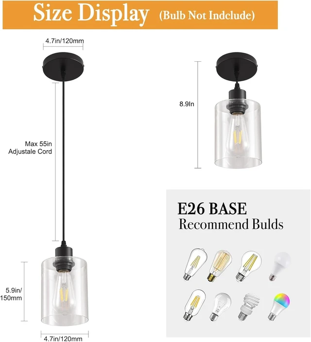 Alt view image 3 of 7 - 3 Pack Glass Pendant Lights, Black Kitchen Island Hanging Lamp