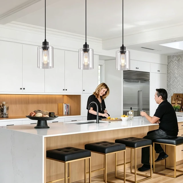 Alt view image 2 of 7 - 3 Pack Glass Pendant Lights, Black Kitchen Island Hanging Lamp