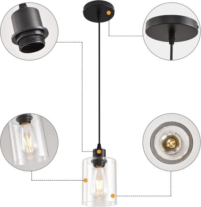 Alt view image 6 of 7 - 3 Pack Glass Pendant Lights, Black Kitchen Island Hanging Lamp