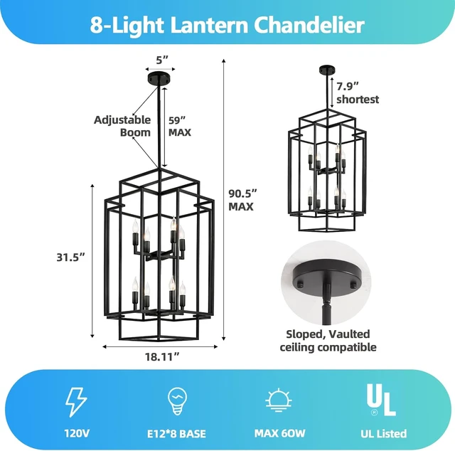 Alt view image 3 of 7 - 8-Light Tiered Lantern Pendant Light, Black Farmhouse Chandelier, Large Chandeliers for High Ceilings, Modern Foyer Lighting Fixtures, for Dining Room, Living Room, Entryway Staircase
