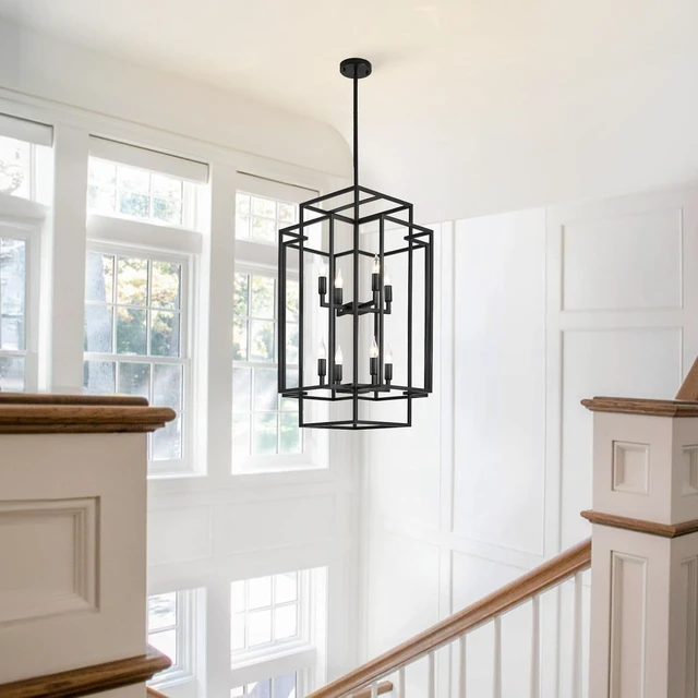 Alt view image 2 of 7 - 8-Light Tiered Lantern Pendant Light, Black Farmhouse Chandelier, Large Chandeliers for High Ceilings, Modern Foyer Lighting Fixtures, for Dining Room, Living Room, Entryway Staircase