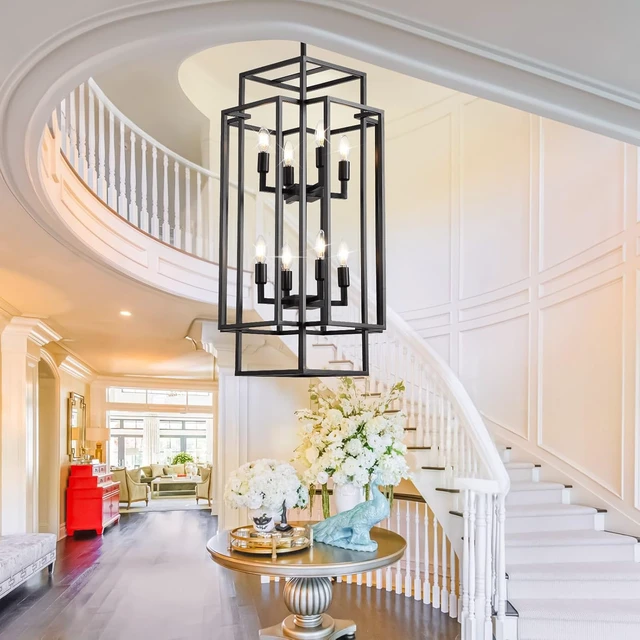Alt view image 6 of 7 - 8-Light Tiered Lantern Pendant Light, Black Farmhouse Chandelier, Large Chandeliers for High Ceilings, Modern Foyer Lighting Fixtures, for Dining Room, Living Room, Entryway Staircase