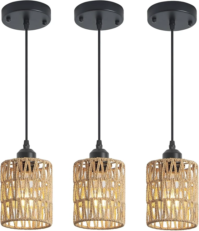 Main image of 3 Pack Boho Rattan Pendant Lights for Kitchen Island Round Shade