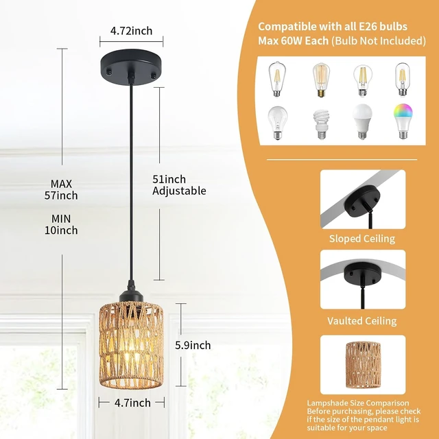 Alt view image 4 of 7 - 3 Pack Boho Rattan Pendant Lights for Kitchen Island Round Shade