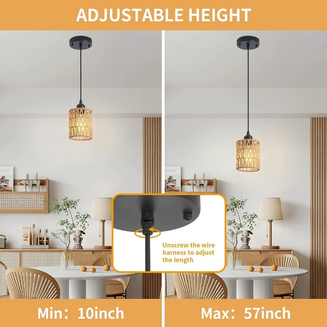 Alt view image 5 of 7 - 3 Pack Boho Rattan Pendant Lights for Kitchen Island Round Shade