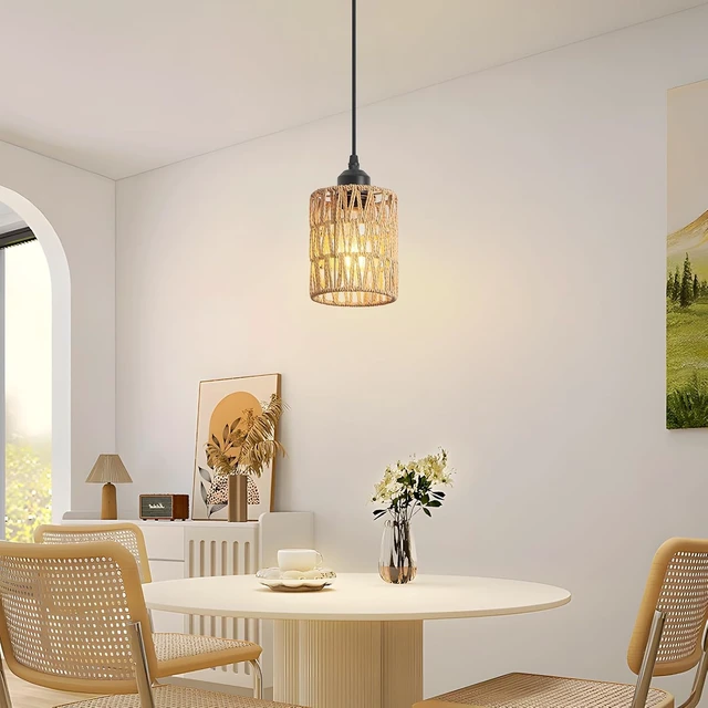 Alt view image 7 of 7 - 3 Pack Boho Rattan Pendant Lights for Kitchen Island Round Shade