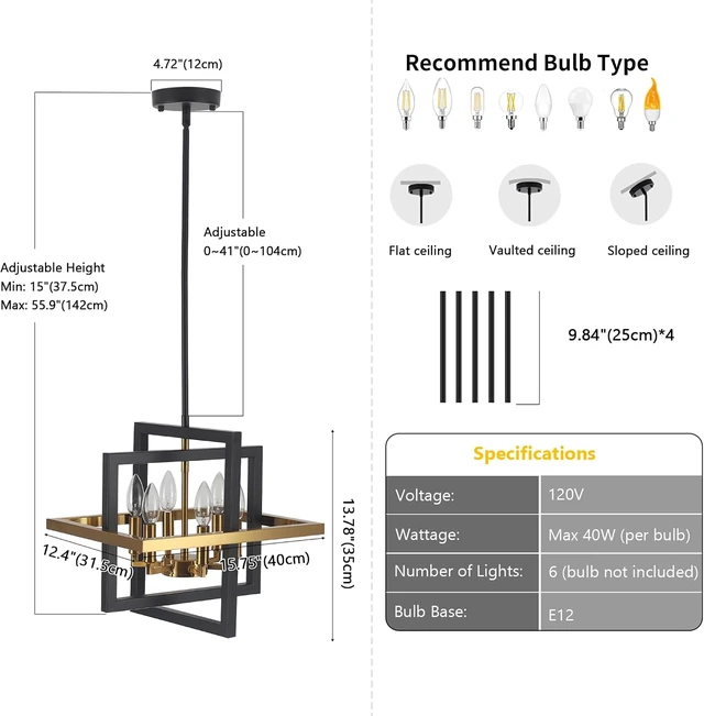 Alt view image 2 of 7 - Small Black and Gold Chandelier- 6 Lights Geometric Pendant Light Fixture