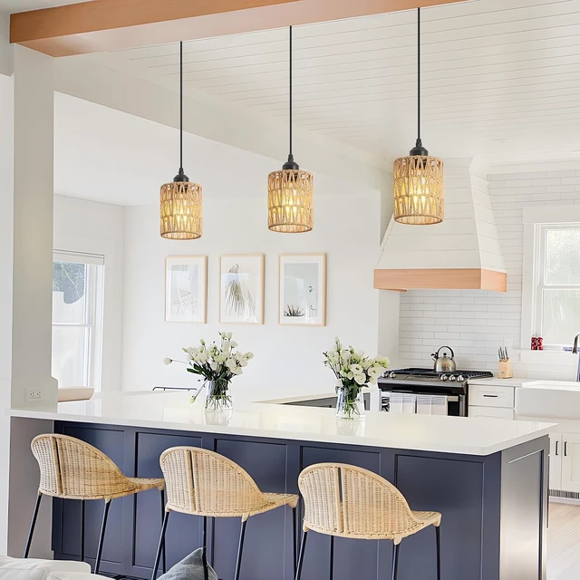 Alt view image 2 of 7 - 3 Pack Boho Rattan Pendant Lights for Kitchen Island Round Shade