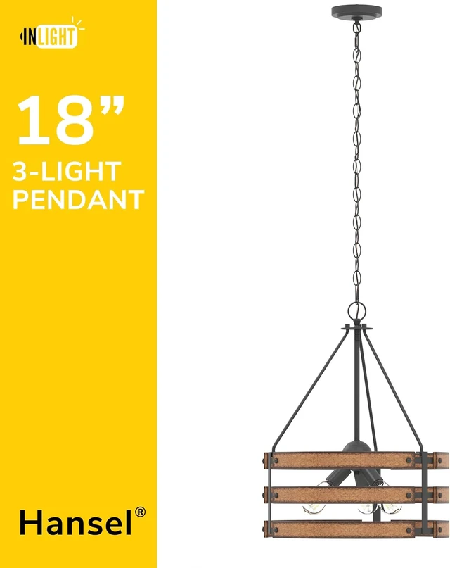 Alt view image 2 of 7 - Inlight 18-Inch 3-Light Round Kitchen Island Pendant, Barnwood/Black