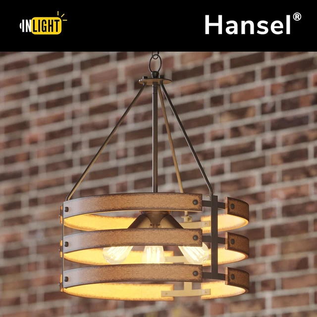 Alt view image 3 of 7 - Inlight 18-Inch 3-Light Round Kitchen Island Pendant, Barnwood/Black