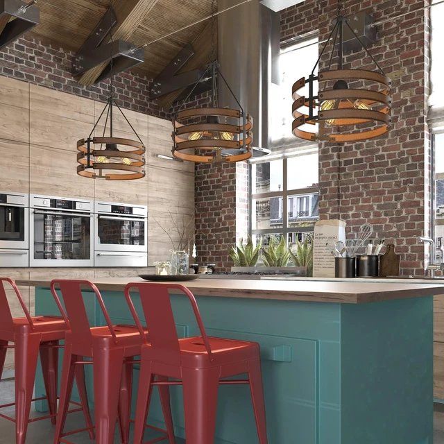 Alt view image 5 of 7 - Inlight 18-Inch 3-Light Round Kitchen Island Pendant, Barnwood/Black