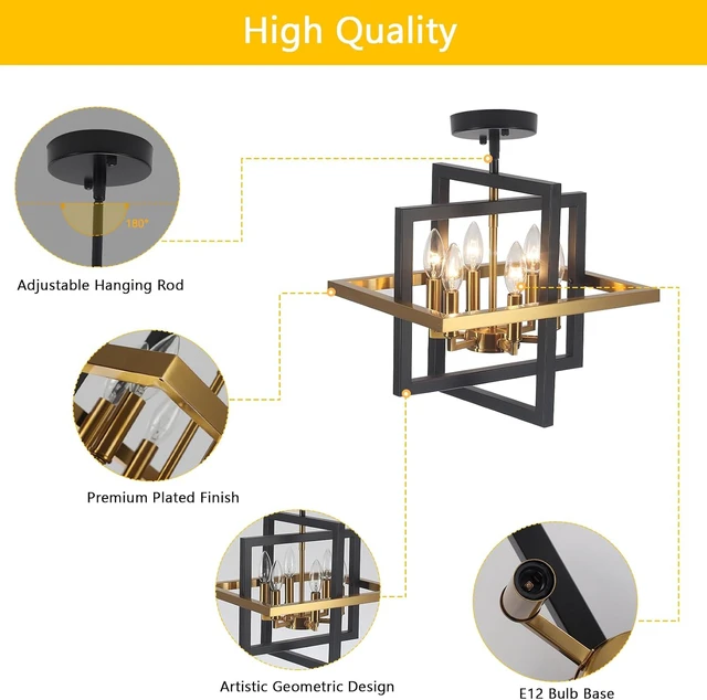 Alt view image 6 of 7 - Small Black and Gold Chandelier- 6 Lights Geometric Pendant Light Fixture