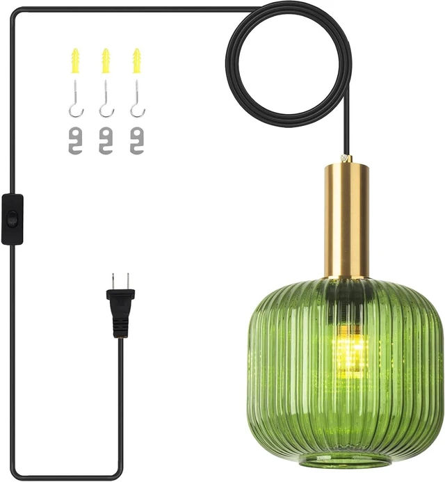 Main image of Green Glass Hanging Plug in Light Pendants for Bedroom 7.9" Stripe Lantern Boho Mid Century Pendant Lamp for Living Room Bar, Green Ceiling Light
