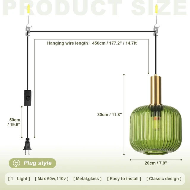 Alt view image 7 of 7 - Green Glass Hanging Plug in Light Pendants for Bedroom 7.9" Stripe Lantern Boho Mid Century Pendant Lamp for Living Room Bar, Green Ceiling Light