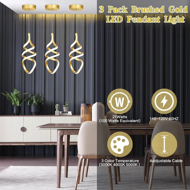 Alt view image 3 of 6 - Pendant Lights,3 Pack Brushed Gold Pendant Lighting for Kitchen Island,LED Pendant Lights 3 Color Temperature,Modern Pendant Light Fixtures,Gold Brass Pendant Lighting,Dimmable Spiral Ceiling Light