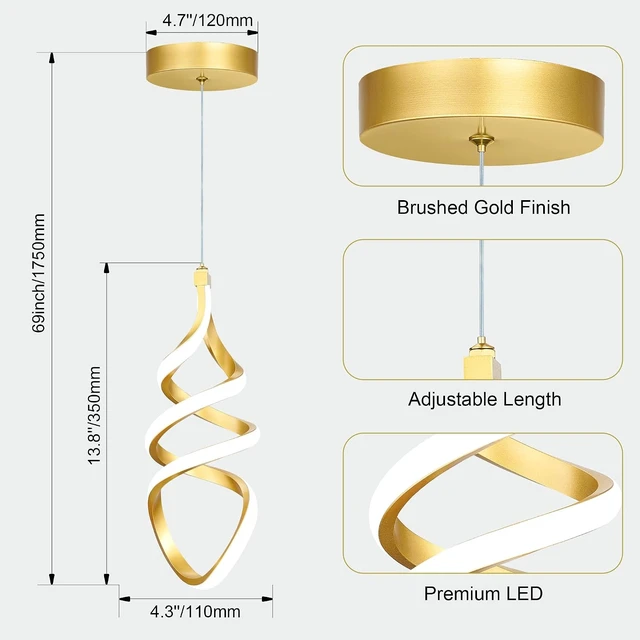 Alt view image 4 of 6 - Pendant Lights,3 Pack Brushed Gold Pendant Lighting for Kitchen Island,LED Pendant Lights 3 Color Temperature,Modern Pendant Light Fixtures,Gold Brass Pendant Lighting,Dimmable Spiral Ceiling Light