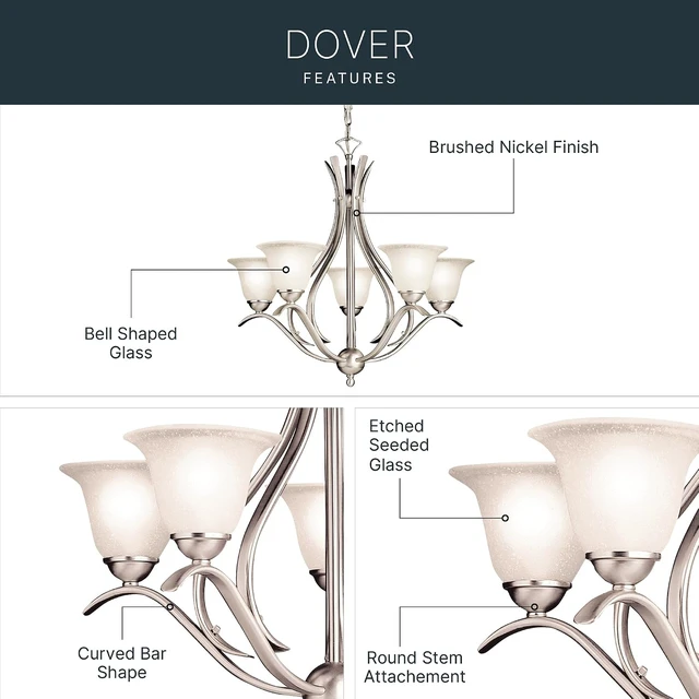 Alt view image 3 of 7 - Kichler Dover 5-Light Chandelier, Brushed Nickel