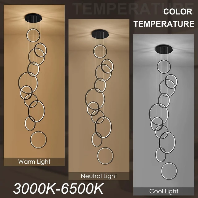 Alt view image 2 of 7 - Benkut 10 Rings LED Chandelier Black High Ceiling Pendant Light with Remote