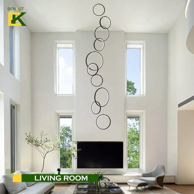 Alt view image 4 of 7 - Benkut 10 Rings LED Chandelier Black High Ceiling Pendant Light with Remote