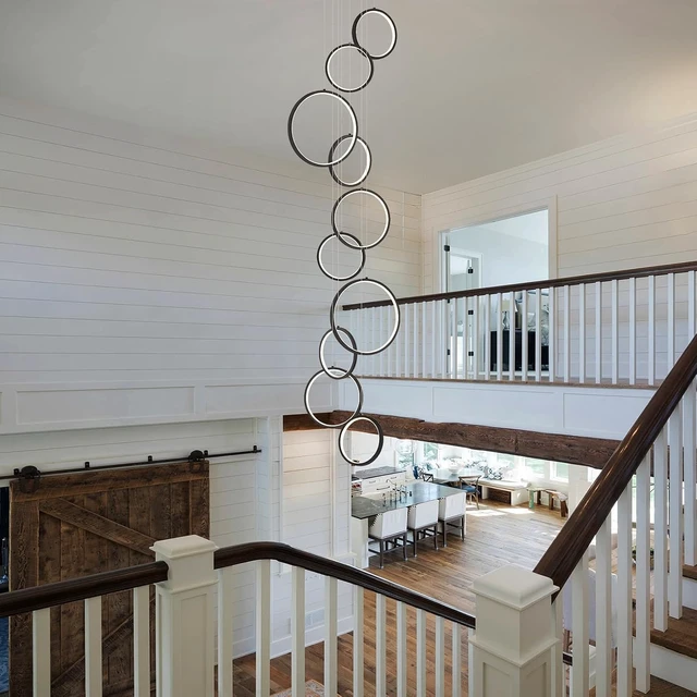 Alt view image 5 of 7 - Benkut 10 Rings LED Chandelier Black High Ceiling Pendant Light with Remote