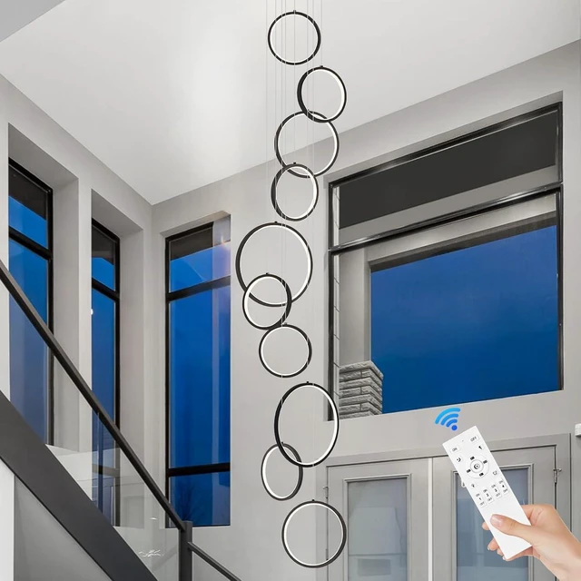 Main image of Benkut 10 Rings LED Chandelier Black High Ceiling Pendant Light with Remote