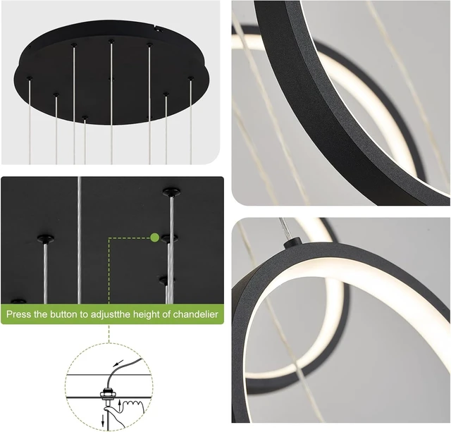 Alt view image 6 of 7 - Benkut 10 Rings LED Chandelier Black High Ceiling Pendant Light with Remote