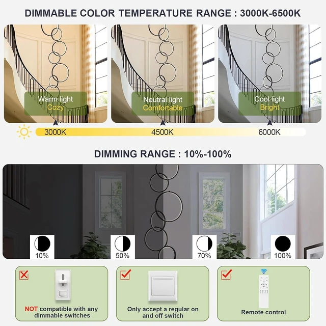 Alt view image 7 of 7 - Benkut 10 Rings LED Chandelier Black High Ceiling Pendant Light with Remote