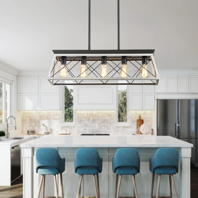 Alt view image 2 of 7 - 5-Light Farmhouse Chandeliers for Dining Room, Rustic Kitchen Island Lighting, Adjustable Height Pendant Light for Kitchen, Dining Room Table White