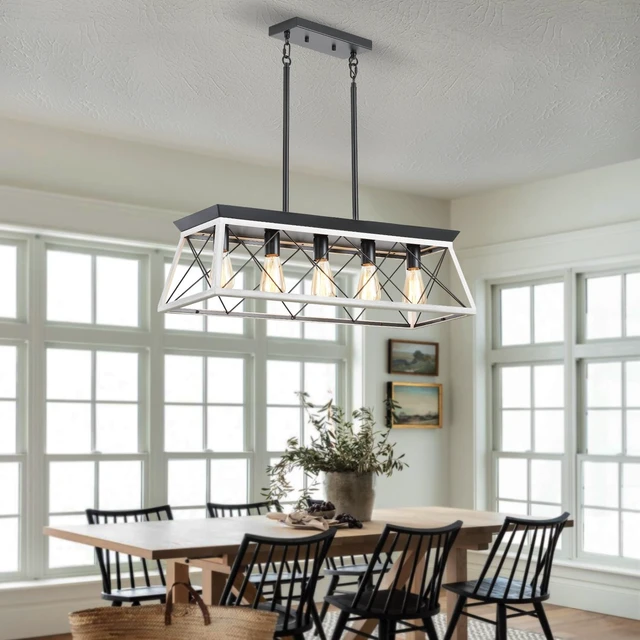 Alt view image 5 of 7 - 5-Light Farmhouse Chandeliers for Dining Room, Rustic Kitchen Island Lighting, Adjustable Height Pendant Light for Kitchen, Dining Room Table White