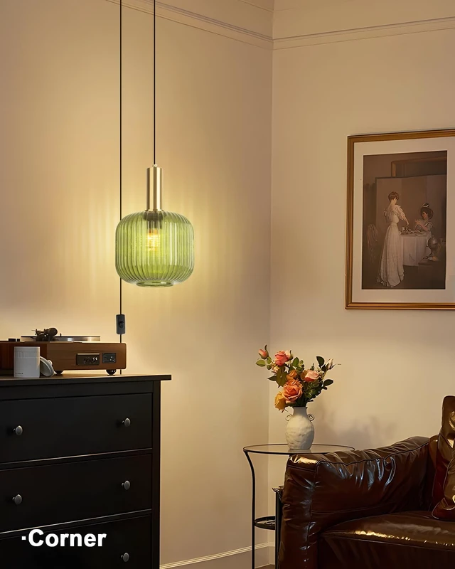 Alt view image 2 of 7 - Green Glass Hanging Plug in Light Pendants for Bedroom 7.9" Stripe Lantern Boho Mid Century Pendant Lamp for Living Room Bar, Green Ceiling Light