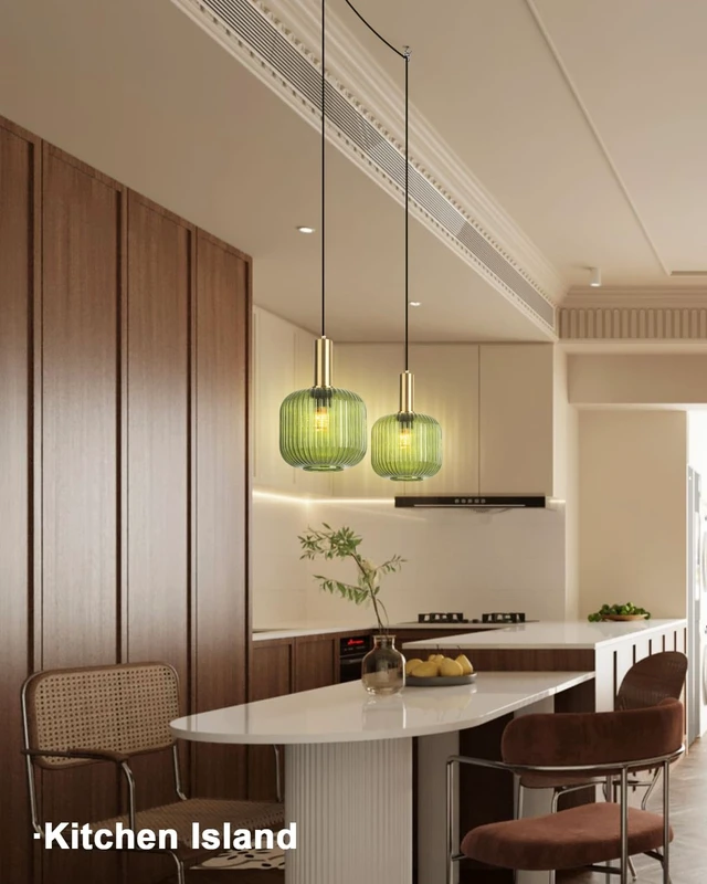 Alt view image 3 of 7 - Green Glass Hanging Plug in Light Pendants for Bedroom 7.9" Stripe Lantern Boho Mid Century Pendant Lamp for Living Room Bar, Green Ceiling Light